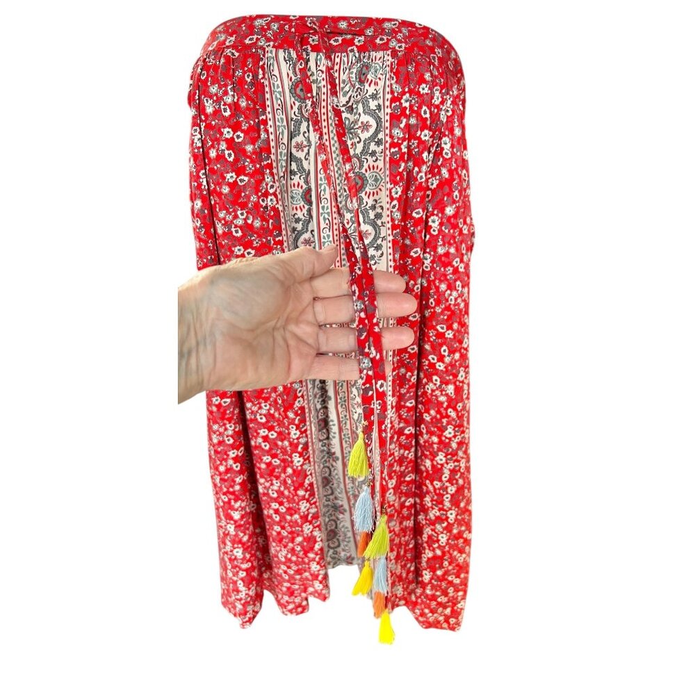 Dalin Women’s Skirt L Rayon Elastic Waist Dress Red Floral Tassel Tie Front - Picture 9 of 15